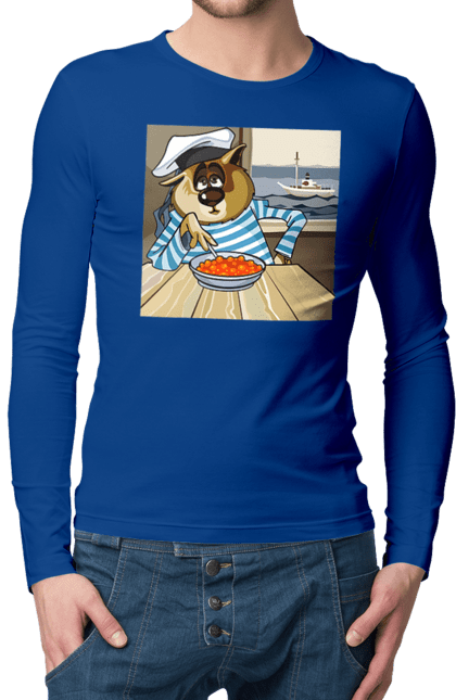 Men`s longsleeve with prints Cat Sailor, On The Ship Eats Red Caviar. Cat, caviar, sailor, ship. 2070702
