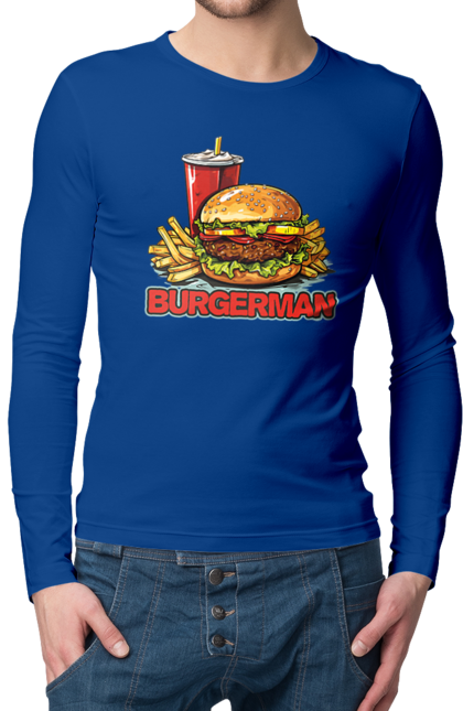 Чоловічий лонгслів з принтом "Burgerman". Бургер, для чоловіків, їжа, літні, макдональдс, прикольні, трендові, фаст фуд, чоловічі. 2070702