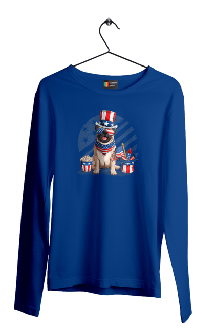 Чоловічій лонгслів з принтом "Мопс Америка". Beige pug, mops, америка, американський прапор, мопс, пес, собака. CustomPrint.market