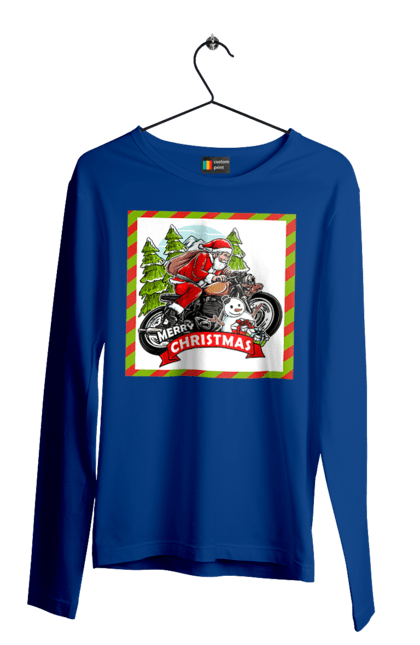 Чоловічий лонгслів з принтом "Санта на мотоциклі". Мотоцикл, новий рік, подарунки, різдво, санта, сніговик, ялинка. 2070702