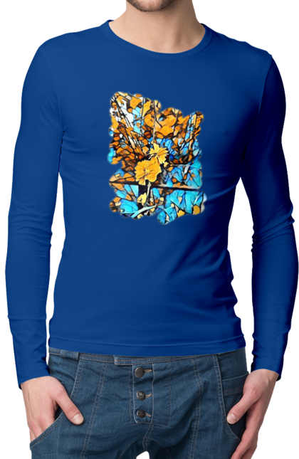 Чоловічий лонгслів з принтом "Жовті квіти на синьому фоні". Арт, жовтий та синій, жовті квіти, жовто-синій, квіти, малюнок, природа, синій та жовтий, синьо-жовтий. 2070702