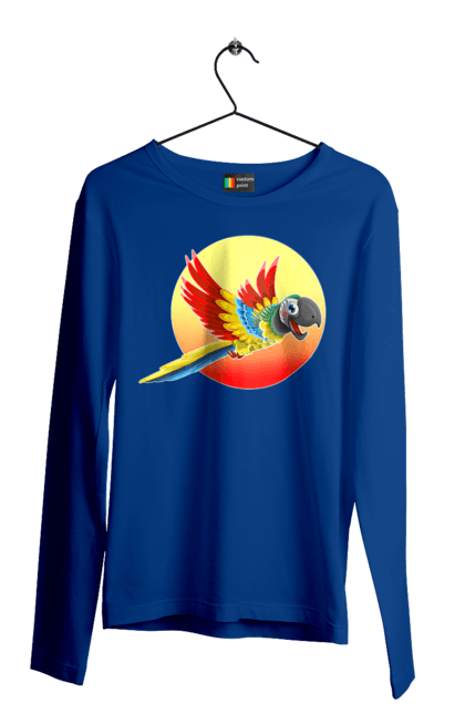 Men`s longsleeve with prints Parrot On The Sun. Bird, circle, color, disk, feathers, flies, flight, happy, heat, hot, in flight, macaw, multicolored, orange, parrot, recreation, red, summer, sun, sunny, tropics, vacation, warmly, wings, yellow. 2070702