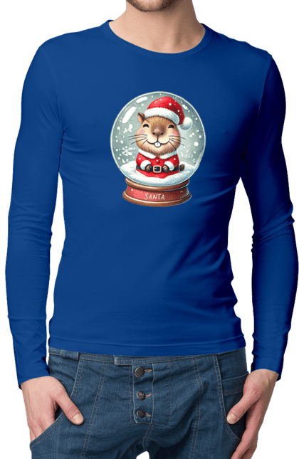 Men's longsleeve with prints Capybara in a snow globe. Animal, capybara, christmas, christmas capybara, gift, holiday, new year, new year`s gift, santa, snow globe. 2070702