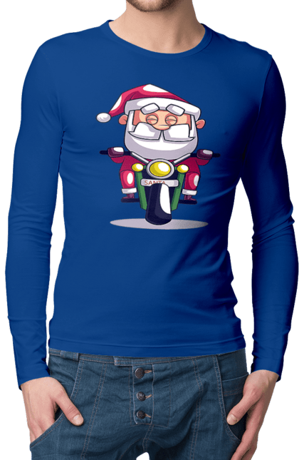 Чоловічий лонгслів з принтом "Щасливий Санта на мотоциклі". 2022, дід мороз, зима, мотоцикл, новий рік, різдво, санта, сніг. 2070702