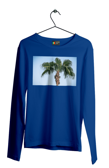 Чоловічий лонгслів з принтом "Пальма на тлі неба". Берег, блакитне, відпочинок, відпустку, єгипет, зелений, зелені, лист, листя, море, небо, оазис, океан, острів, пальма, південь, подорож, пригоди, тропіки, туреччина. 2070702