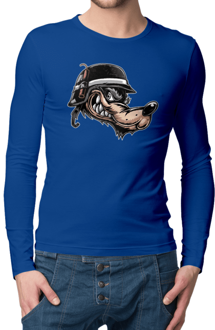 Мужской лонгслив с принтом Волк Байкер. Байк, байкер, волк, волчара, зубы, каска, мото, мотор, мотоцикл, мотоциклист, мульт, мультик, мультфильм, мультяшный, ну погоди, соревнование, спорт, стиль, стильный, увлечение, улыбка, ухмылка, хобби, шлем. 2070702