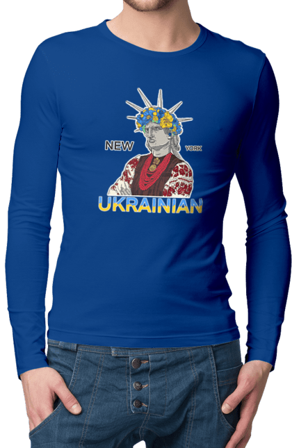 Men`s longsleeve with prints UA & NY. Embroidered shirt, new york, statue of liberty, ukraine, wreath. 2070702