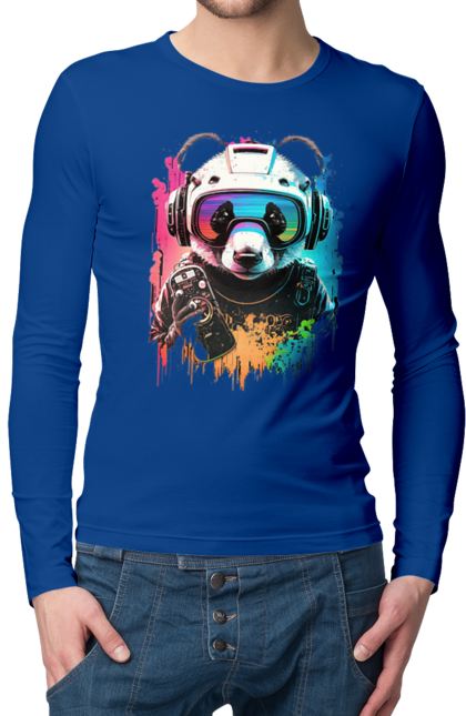 Чоловічий лонгслів з принтом "Панда в VR шолом". Віртуальна реальність, гік, панда, персонаж, шолом. 2070702