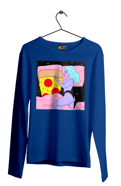 Чоловічий лонгслів з принтом "Фіолетова Дівчина І Піца". Дівчина, ліжко, піца. 2070702