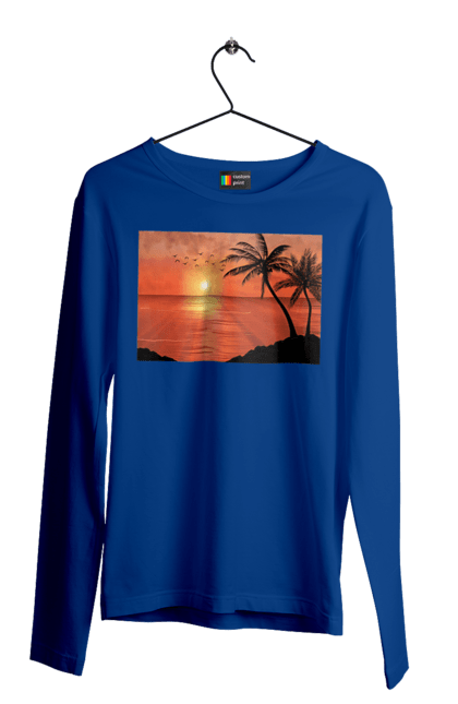 Мужской лонгслив с принтом Закат Пальмы Море. Берег, закат, море, пальмы. 2070702