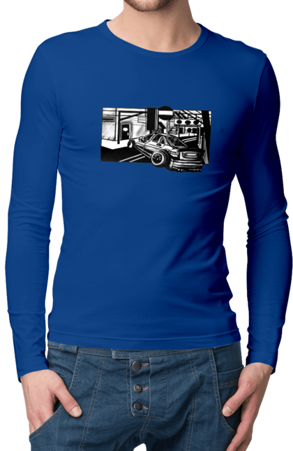 Чоловічий лонгслів з принтом "Небезпечний Автомобіль на дорогах вулиць". Автомобіль, гонки, машина, небезпечний, чорно білий, швидкий. 2070702