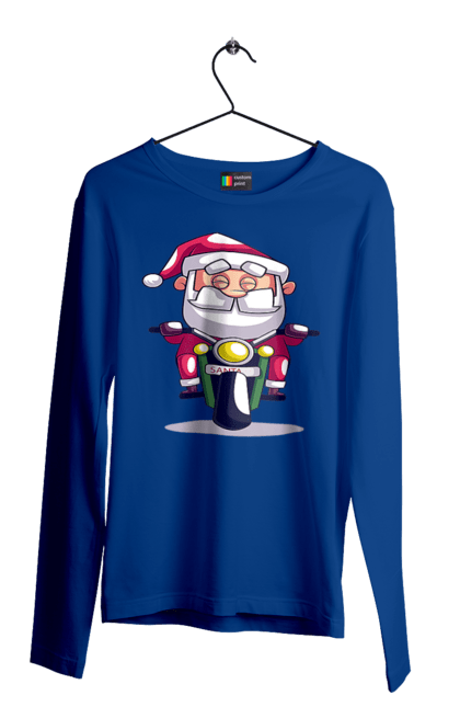 Чоловічий лонгслів з принтом "Щасливий Санта на мотоциклі". 2022, дід мороз, зима, мотоцикл, новий рік, різдво, санта, сніг. 2070702