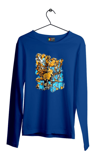 Чоловічий лонгслів з принтом "Жовті квіти на синьому фоні". Арт, жовтий та синій, жовті квіти, жовто-синій, квіти, малюнок, природа, синій та жовтий, синьо-жовтий. 2070702