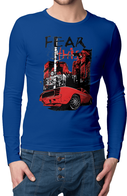 Мужской лонгслив с принтом Красная Машина В Городе. Город, езда, машина. 2070702