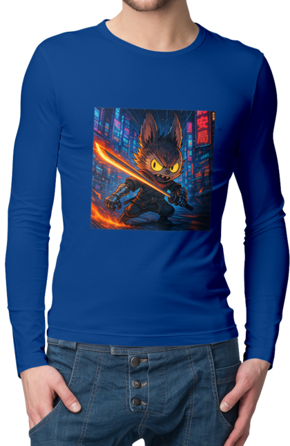 Чоловічий лонгслів з принтом "Лабубу". Аніместиль, дія, катана, кіберніндзя, кіберпанк, лабубу, меч, неонове місто, очі` що світяться. 2070702