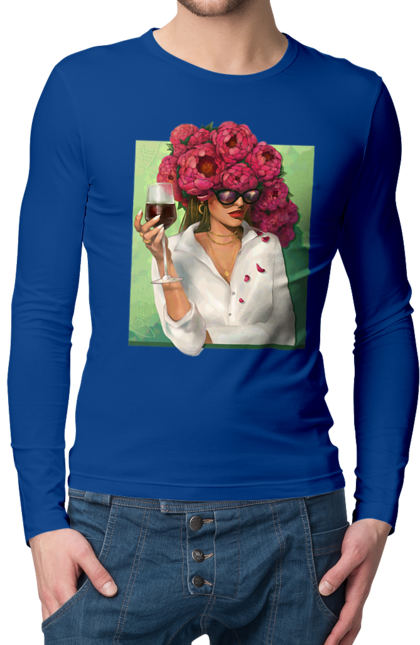 Чоловічий лонгслів з принтом "Дівчина з півоніями та келихом". Вино, дівчина, квітка, келих, літо, окуляри, півонії, сорочка. 2070702