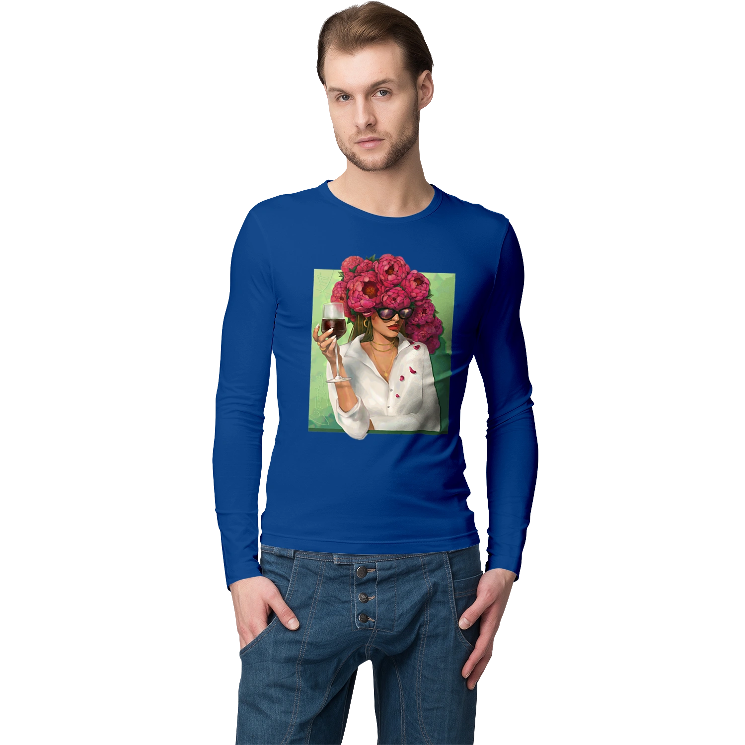 Girl with peonies and a glass