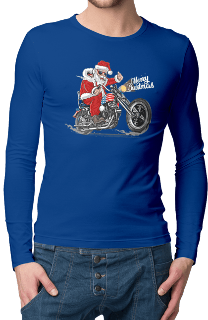 Чоловічий лонгслів з принтом "Санта в окулярах на мотоциклі". Байкер, дід мороз, зима, мотоцикл, новий рік, різдво, санта, санта клаус, сніг, щасливого різдва. 2070702