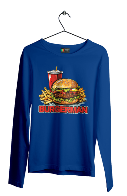 Чоловічий лонгслів з принтом "Burgerman". Бургер, для чоловіків, їжа, літні, макдональдс, прикольні, трендові, фаст фуд, чоловічі. 2070702