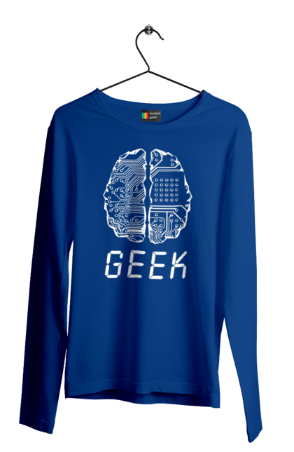 Men`s longsleeve with prints Geek Brain. Brain, chip, code, computer, crystal, cyber, cybernetics, cyborg, developer, engineer, geek, it, it specialist, knowledge, mind, printed circuit board, profession, professional, programmer. 2070702