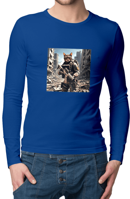 Men`s longsleeve with prints Paratrooper cat. Bulletproof vest, camouflage, cat, gun, hacker, military, rifle, war. 2070702