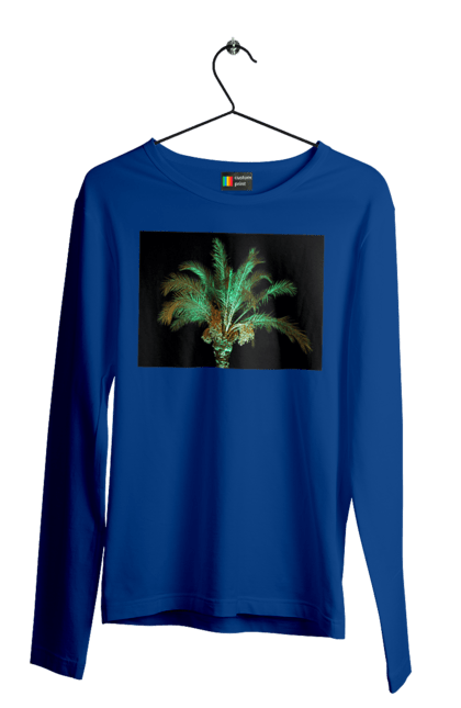 Men`s longsleeve with prints Date Palm At Night. Adventure, black, coast, date, green, island, night, oasis, ocean, palm, recreation, sea, sky, south, travel, tropics, vacation. 2070702
