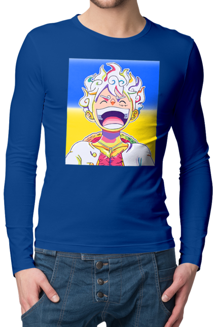 Men`s longsleeve with prints Monkey D Luffy laughing on a yellow blue background. Flag of ukraine, luffy, monkey d luffy, one piece, symbol of ukraine, ukraine. 2070702