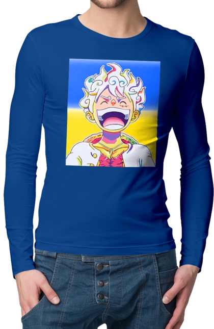 Монки д Луффи смеется на желтом синем фоне.