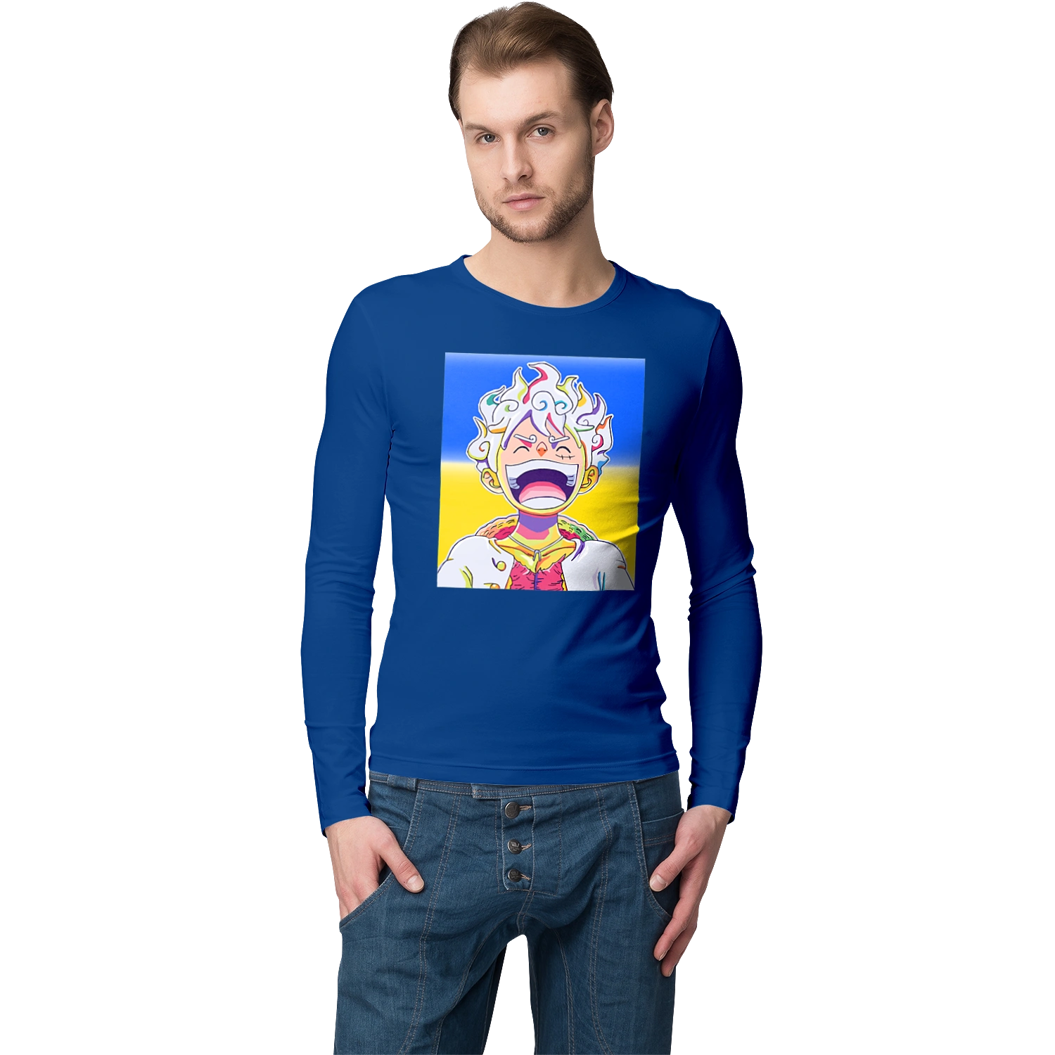 Монки д Луффи смеется на желтом синем фоне.