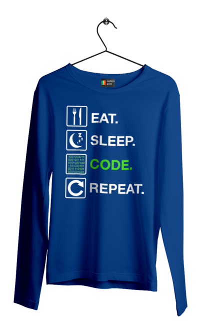 Чоловічий лонгслів з принтом "Їж Cпи Кодуй Повторюй". Айті, айтішник, для айтішника, для програміста, їж спи, кодуй повторюй, подарунок айтішнику, подарунок програмісту, програміст, розробник. 2070702