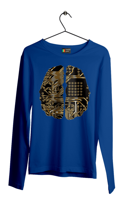 Men`s longsleeve with prints It Brain. Brain, chip, code, comp, computer, crystal, cyber, cybernetics, cyborg, developer, engineer, geek, gold, golden, it, it specialist, knowledge, mind, printed circuit board, profession, professional, programmer. 2070702