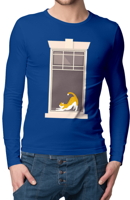 Чоловічий лонгслів з принтом "Кіт В Вікні". Вікно, кіт, потягушки, рудий. 2070702