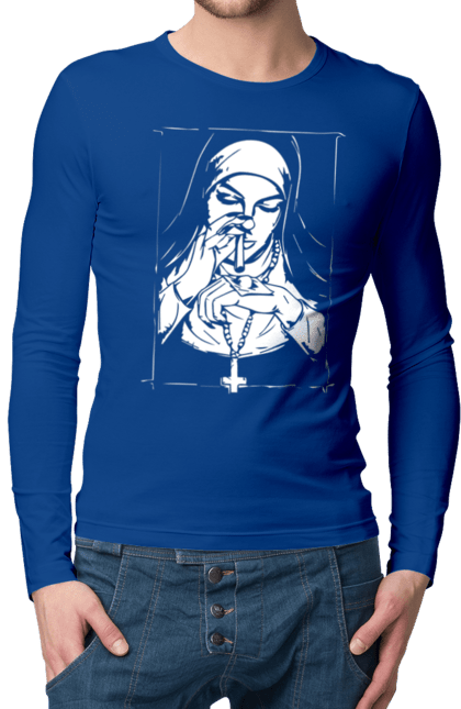 Men`s longsleeve with prints The nun sniffs the powder. Cool, cross, fashionable, nun, popular. 2070702
