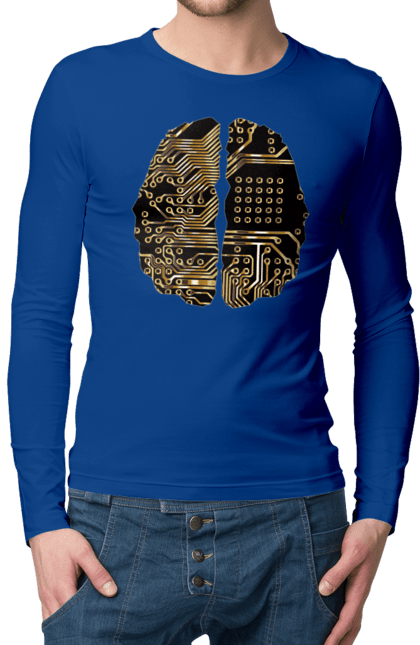 Men`s longsleeve with prints It Brain. Brain, chip, code, comp, computer, crystal, cyber, cybernetics, cyborg, developer, engineer, geek, gold, golden, it, it specialist, knowledge, mind, printed circuit board, profession, professional, programmer. 2070702