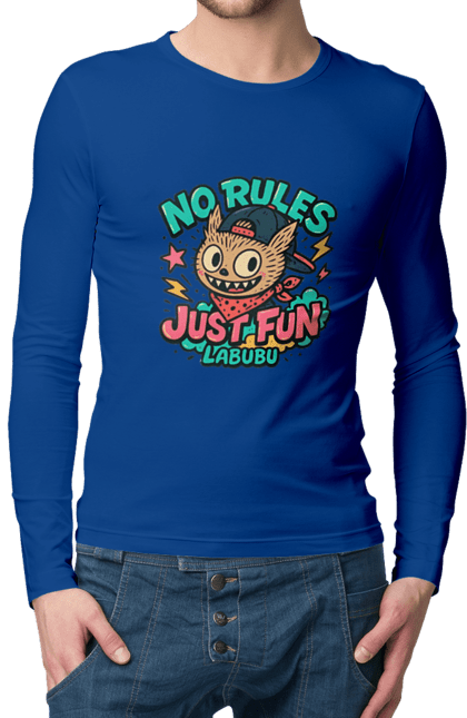Чоловічий лонгслів з принтом "Лабубу". Norulesjustfun, y2k, бандана, вуличний стиль, грайливий, графіті, зухвалий, лабубу, ретромультяшка, яскраво. 2070702