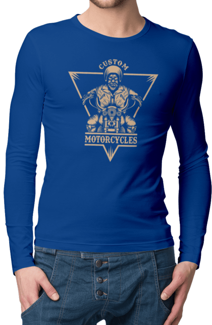 Чоловічий лонгслів з принтом "Скелет на мотоциклі". Драйв, мотоцикл, скелет. 2070702