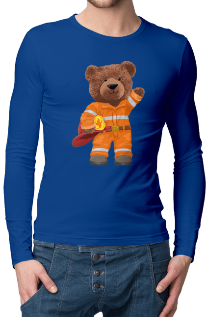 Чоловічій лонгслів з принтом "Ведмедик пожежник". Ведмедик, ведмедик пожежник, ведмідь, пожежник, рятувальник, тедді. CustomPrint.market