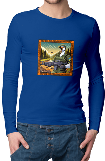 Мужской лонгслив с принтом Гусиный десант. Биологическое оружие, боевые гуси, военный гусь, вооруженные силы, гусиный десант, символика, украина, флаг. 2070702