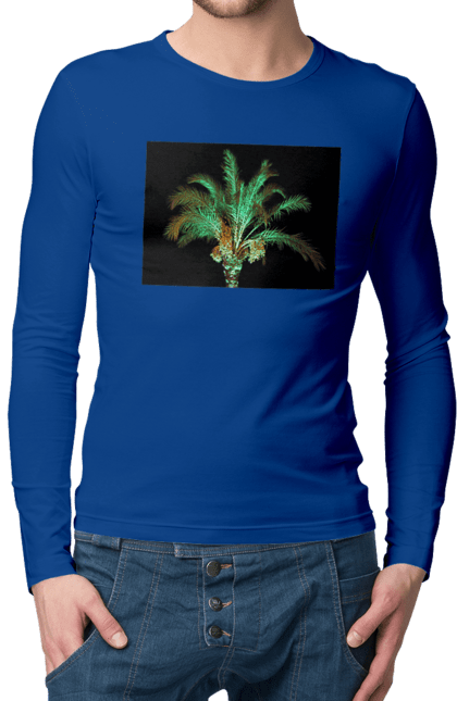 Men`s longsleeve with prints Date Palm At Night. Adventure, black, coast, date, green, island, night, oasis, ocean, palm, recreation, sea, sky, south, travel, tropics, vacation. 2070702