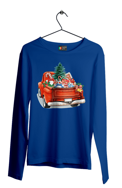 Men`s longsleeve with prints Car with gifts. Car, christmas, new year, presents, santa, tree. 2070702