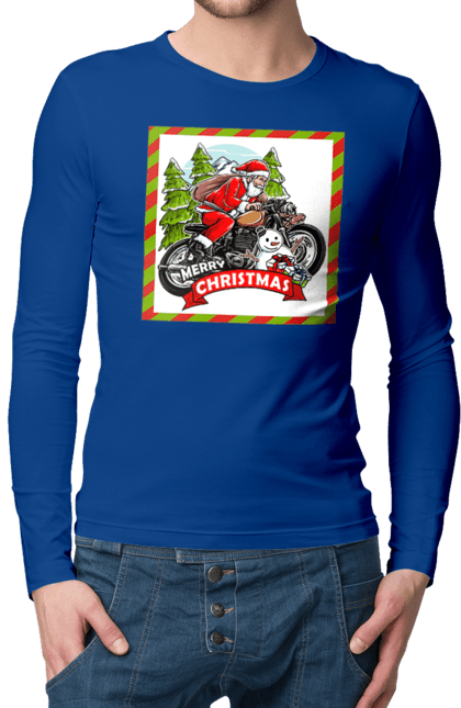 Чоловічий лонгслів з принтом "Санта на мотоциклі". Мотоцикл, новий рік, подарунки, різдво, санта, сніговик, ялинка. 2070702