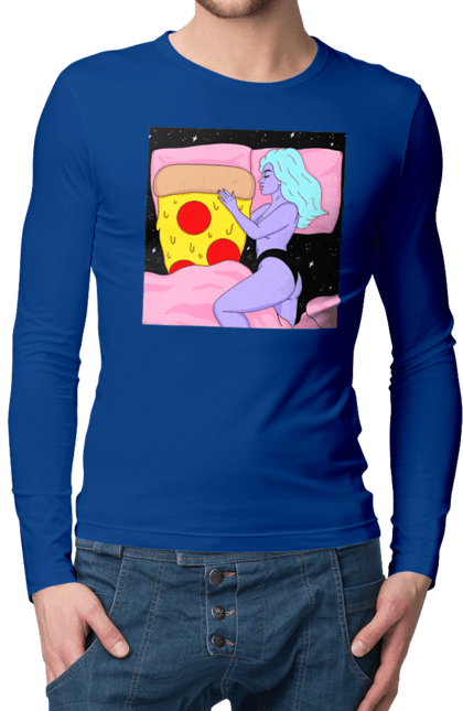 Чоловічий лонгслів з принтом "Фіолетова Дівчина І Піца". Дівчина, ліжко, піца. 2070702