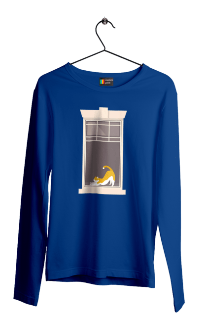 Чоловічий лонгслів з принтом "Кіт В Вікні". Вікно, кіт, потягушки, рудий. 2070702