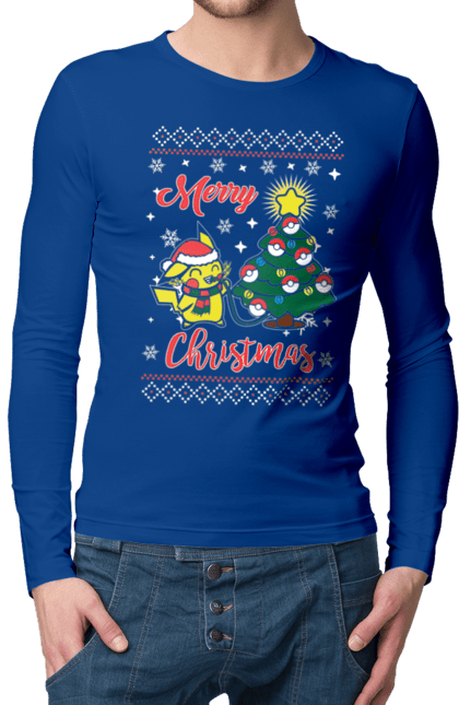 Чоловічій лонгслів з принтом "Пікачу Веселого Різдва!". Christmas, merry christmas, nintendo, pikachu, pokemon, аніме, гра, пікачу, покемон, різдво. 2070702