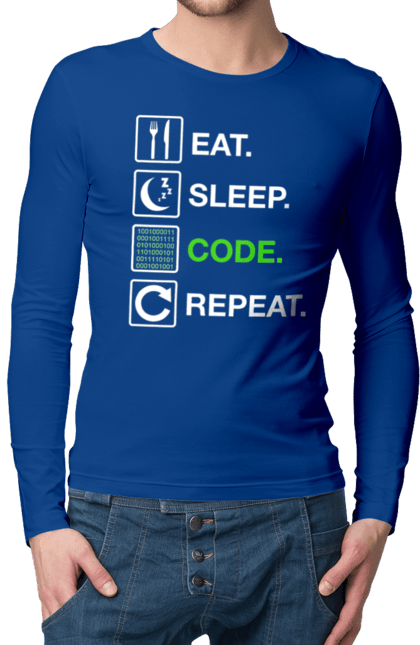 Чоловічий лонгслів з принтом "Їж Cпи Кодуй Повторюй". Айті, айтішник, для айтішника, для програміста, їж спи, кодуй повторюй, подарунок айтішнику, подарунок програмісту, програміст, розробник. 2070702