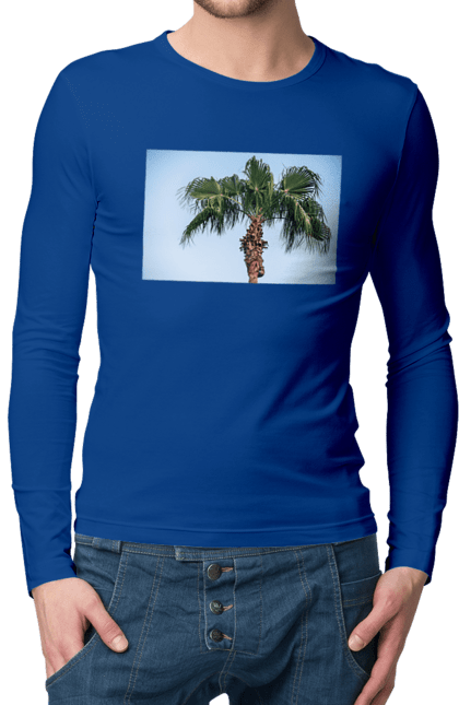 Чоловічий лонгслів з принтом "Пальма на тлі неба". Берег, блакитне, відпочинок, відпустку, єгипет, зелений, зелені, лист, листя, море, небо, оазис, океан, острів, пальма, південь, подорож, пригоди, тропіки, туреччина. 2070702
