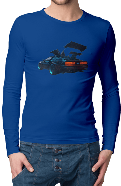 Men`s longsleeve with prints DeLorean from back to the future. Car, delorean, from film. 2070702