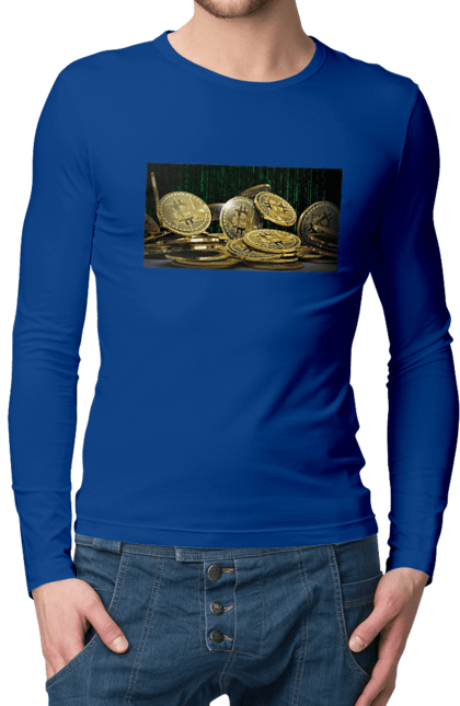 Чоловічий лонгслів з принтом "Біткойн". Багатство, біткойн, валюта, гроші, криптовалюта, курс, майнінг, матриця, монета, розкіш, цифровий світ. 2070702