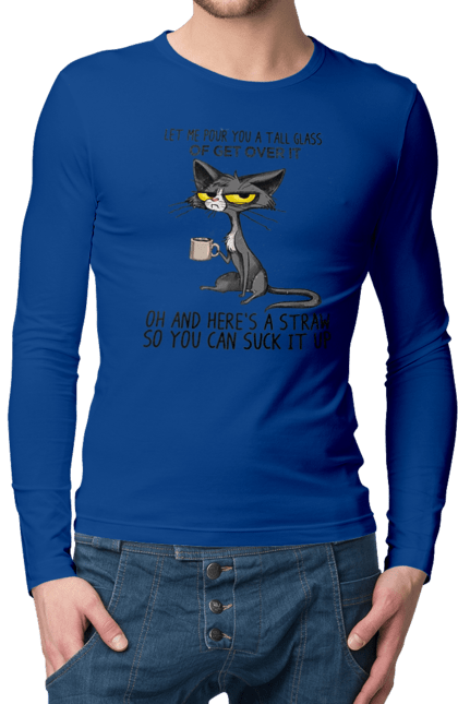 Чоловічий лонгслів з принтом "Як це пережити?". Велика склянка, випий, все відмінно, йди нахуй, кіт і кухоль, налий, роздум, смоктати, як це подолати. 2070702