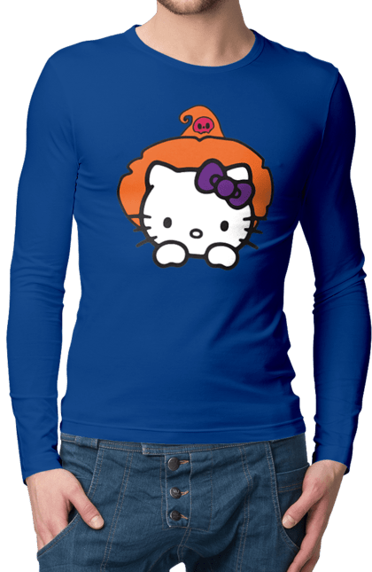 Мужской лонгслив с принтом Хелло Китти Хэллоуин. Halloween, hello kitty, witch, бренд, ведьма, кот, котенок, персонаж, хелло китти, хэллоуин. 2070702